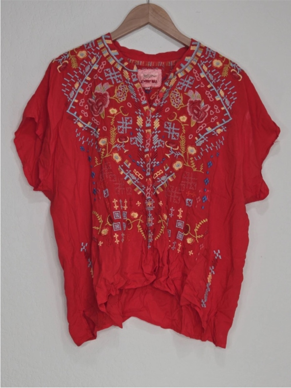 Johnny Was Biya Red Embroidered Boho Hippie Top Missio Blouse Shirt Size XS
